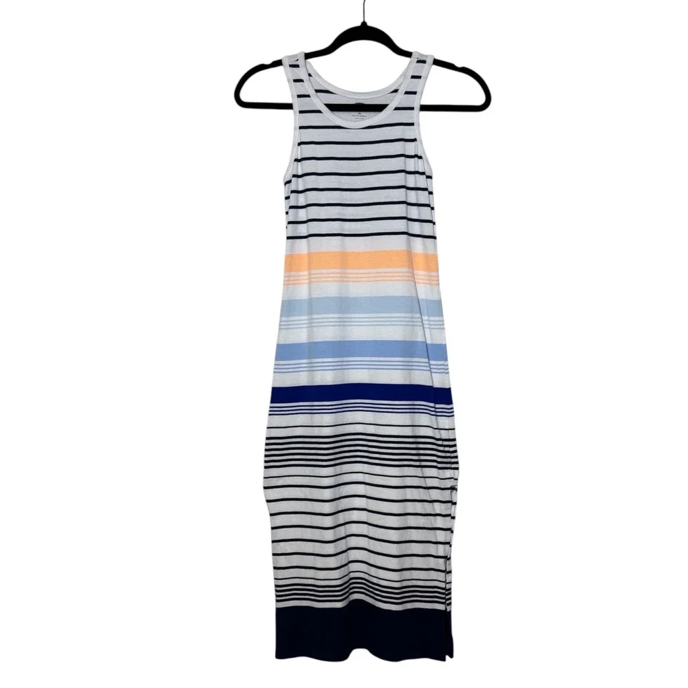 Old Navy Girls Striped Midi Dress Size 8 White Navy Blue Coral Summer Vacation